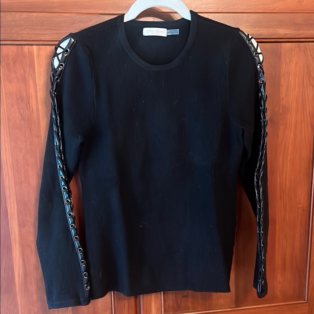 Ramy Brook Black Crew Neck Sweater with Textured Fringe